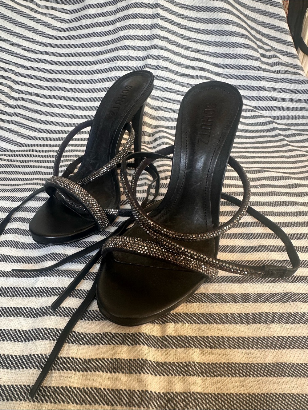 Schutz Cloe Crystal Black Suede Lace Up Stiletto Sandals